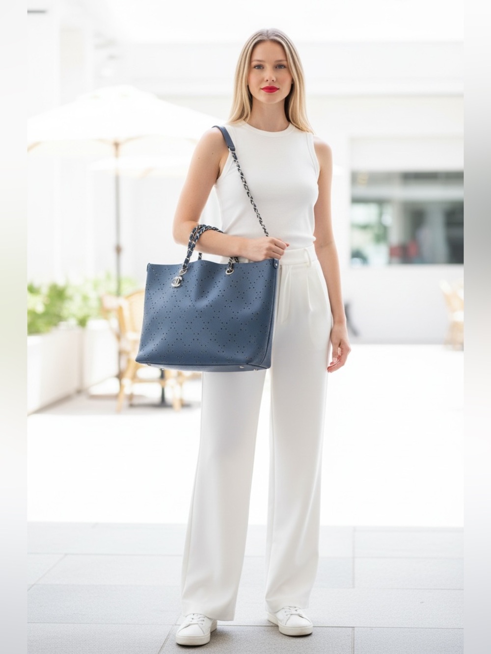 CHANEL Blue Perforated Leather Tote with Silver CC Charm - Picture 3 of 13